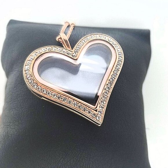 Floating Jewelry Floating Locket Charm Necklace with Rhinestones Rose Gold Heart - Picture 2 of 3